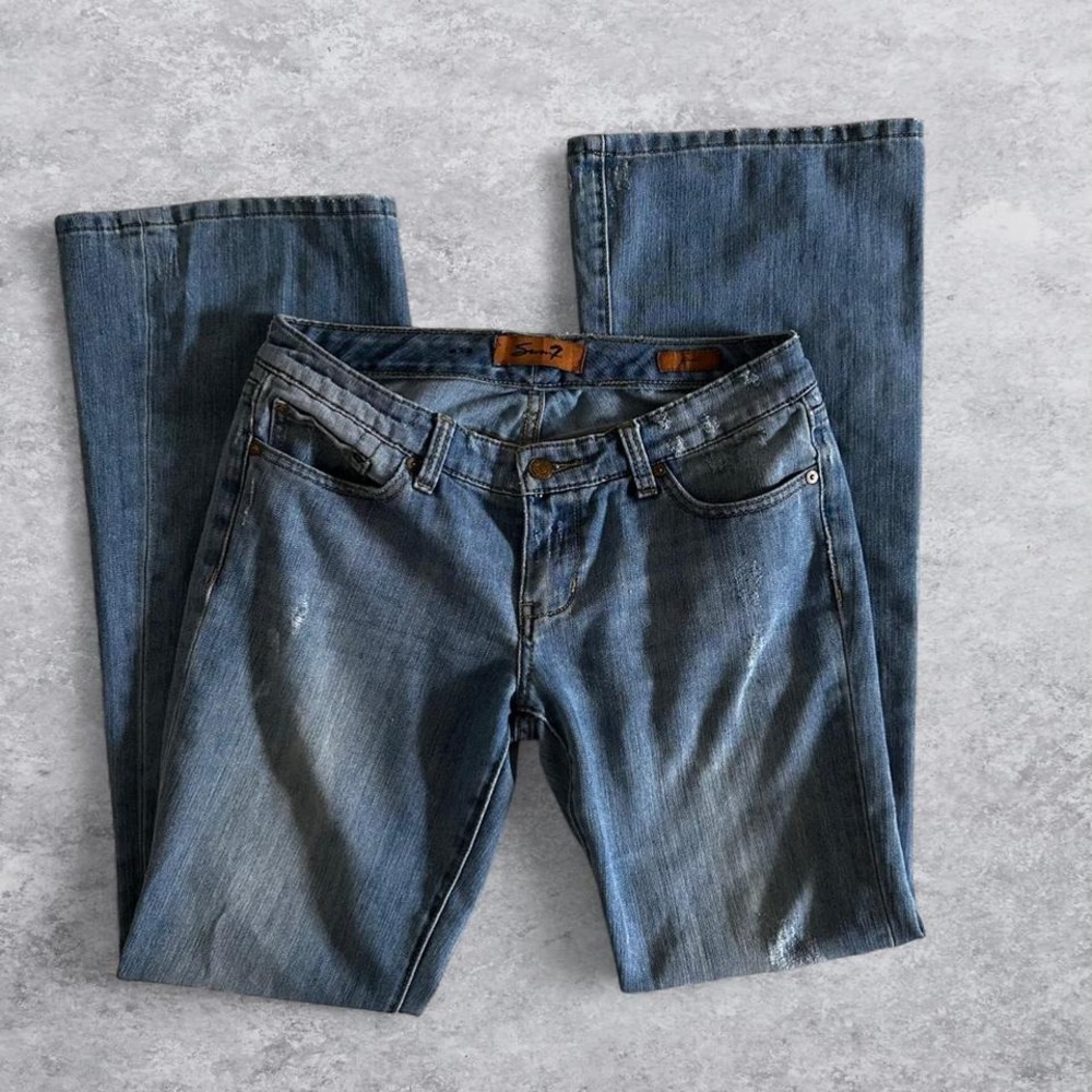 Seven7 Womens‎ Flare Jeans Medium Wash Distressed Low Rise Size 28 Denim Pants